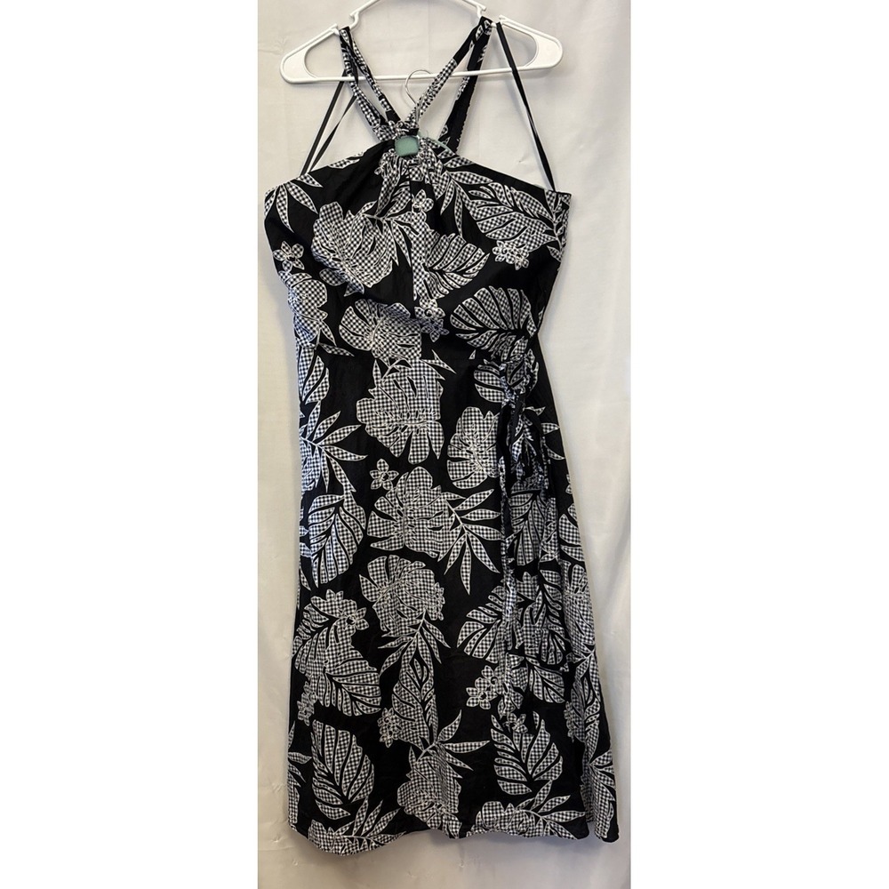 Women's Halter Top O Ring‎ Dress 14 Black White Leaves Gingham Tie Waist Cotton